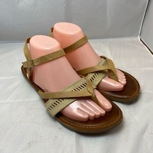 TOMS Lexie Sandstorm Leather Sandals Tan / Gold Shimmer Size 9.5 - Picture 1 of 8